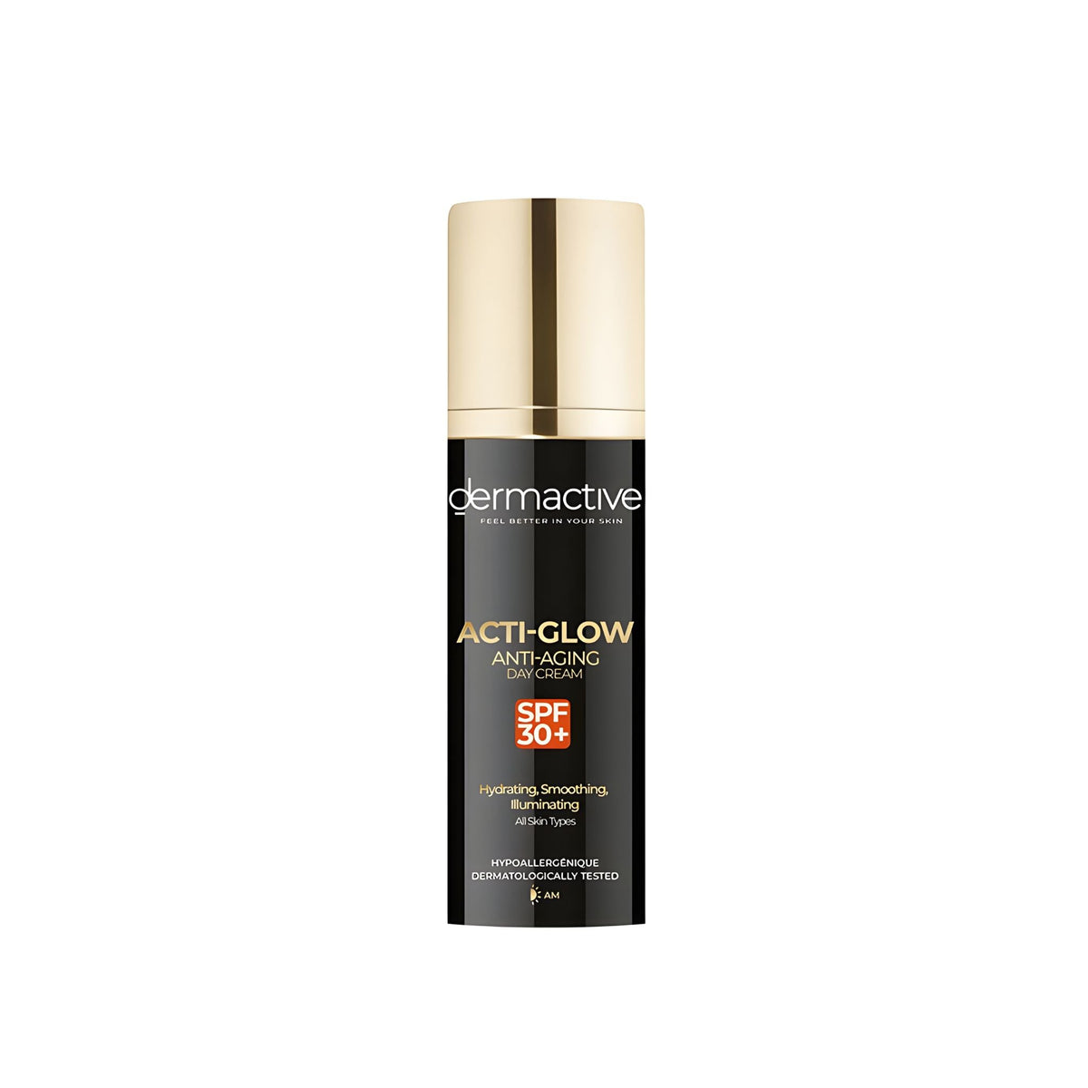 Refect Beauty Dermactive Acti-Glow anti-aging day cream with SPF 30+ in a black bottle with a gold cap.