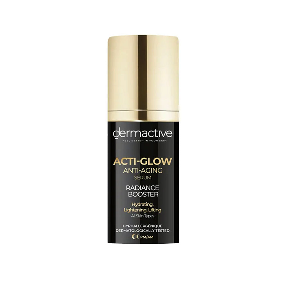 Refect Beauty Dermactive Acti-Glow anti-aging radiance booster serum in a black bottle with a gold cap.