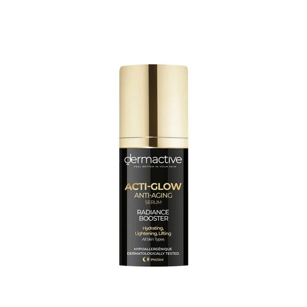 Refect Beauty Dermactive Acti-Glow anti-aging radiance booster serum in a black bottle with a gold cap.