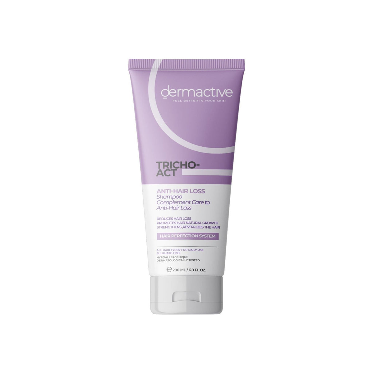 Refect Beauty Dermactive Tricho-Act anti-hair loss shampoo in a light purple 200ml squeeze tube.