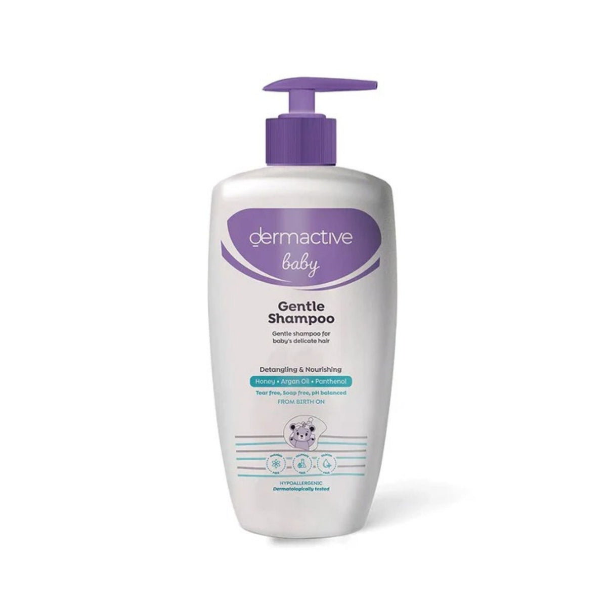 Refect Beauty Dermactive Baby Gentle Shampoo in a white bottle with a purple pump for sensitive baby hair