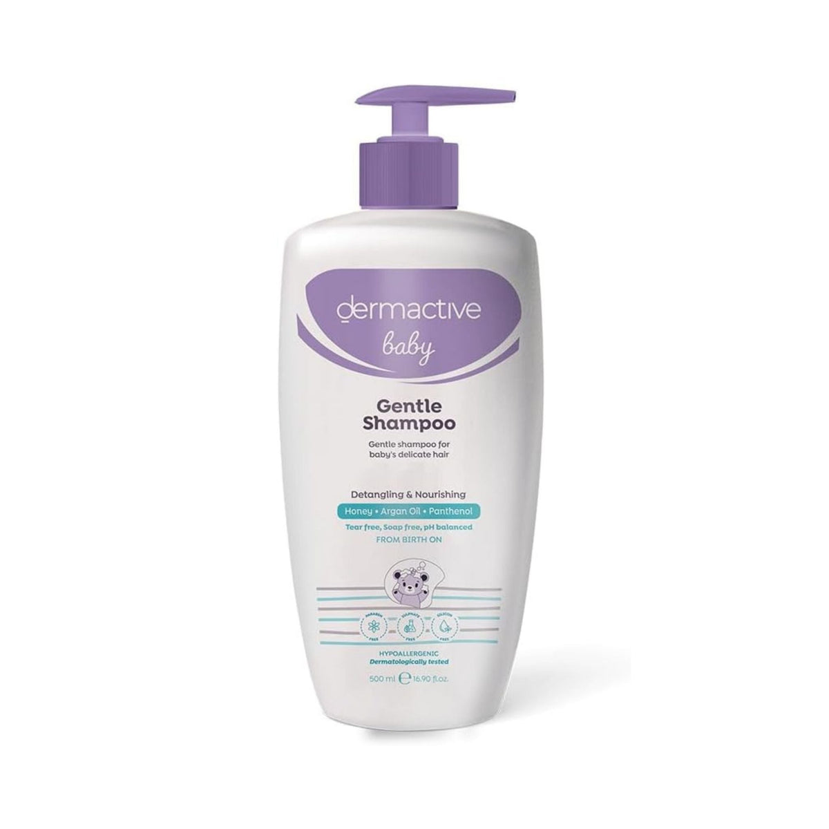 Refect Beauty Dermactive Baby Gentle Shampoo in a 500ml white bottle with a purple pump for sensitive baby skin.