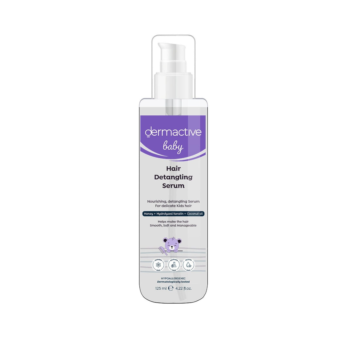 Refect Beauty Dermactive Baby Hair Detangling Serum in a clear pump bottle with honey and keratin formula