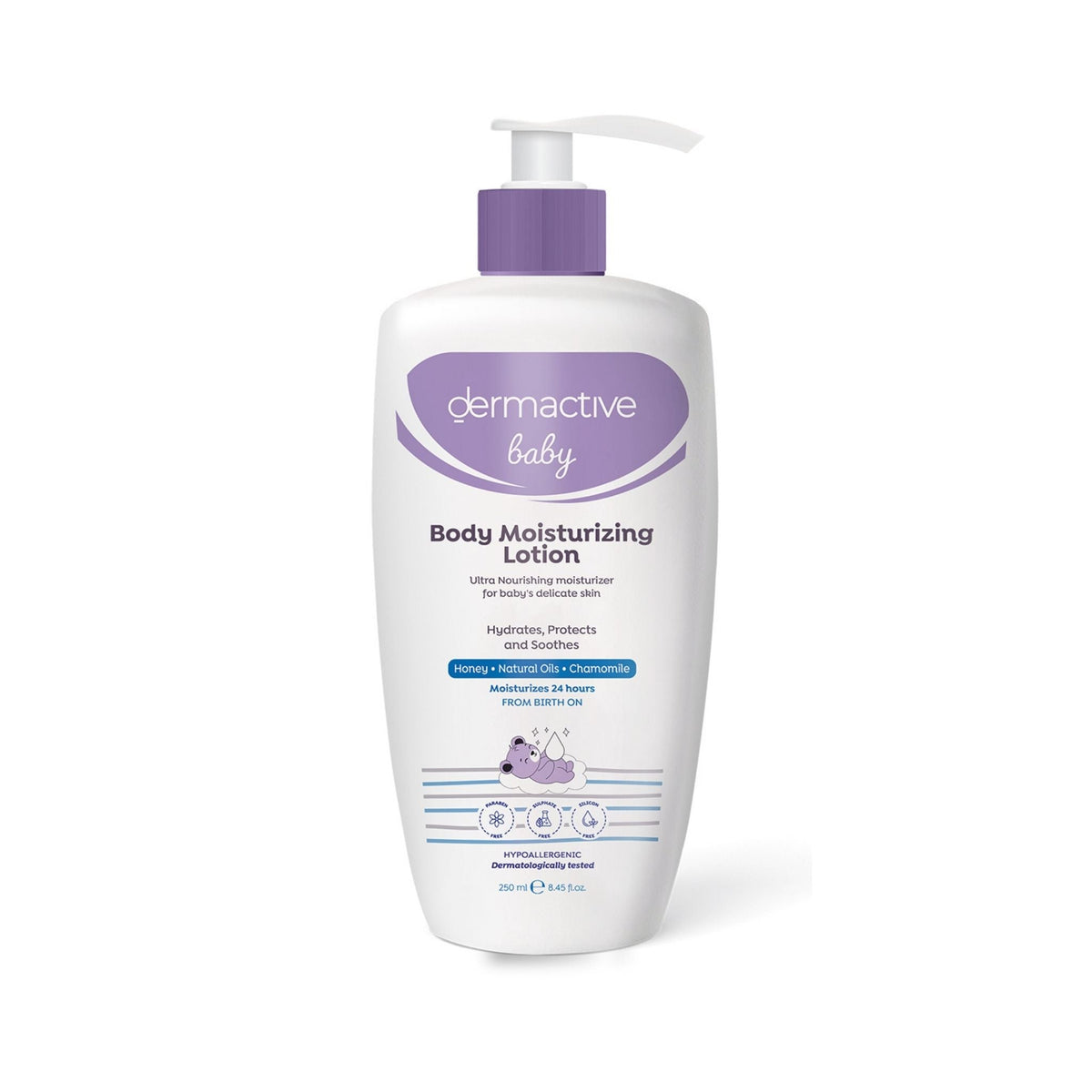 Refect Beauty Dermactive Baby Body Moisturizing Lotion in a white pump bottle with purple accents for delicate skin.