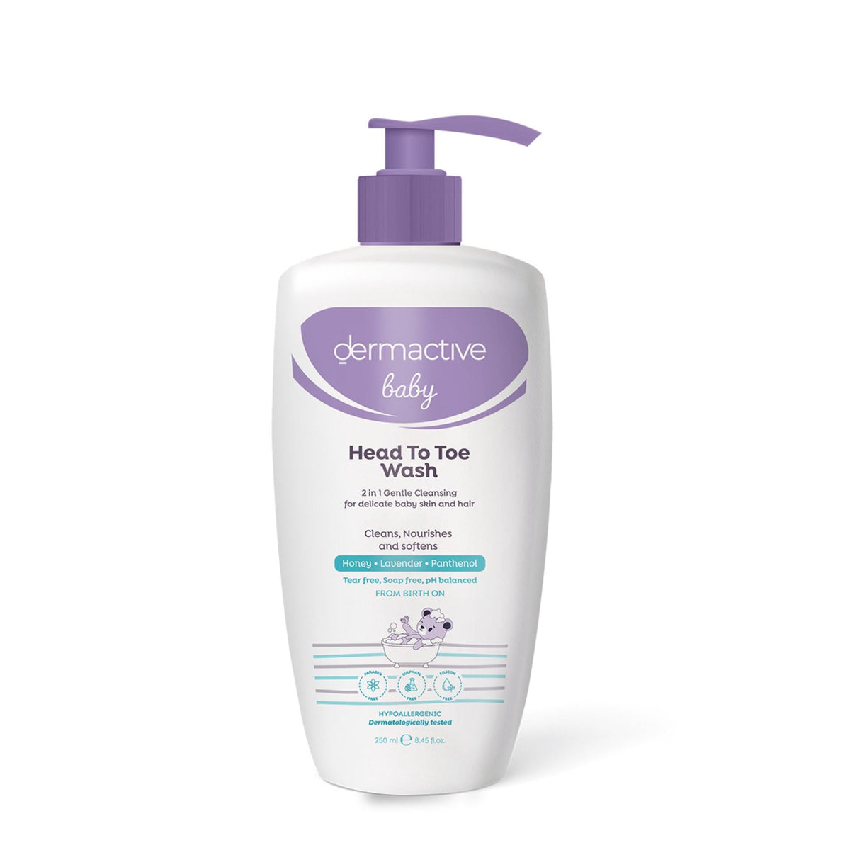 Refect Beauty Dermactive Baby head to toe wash in a white bottle with a purple pump for gentle baby skin care.