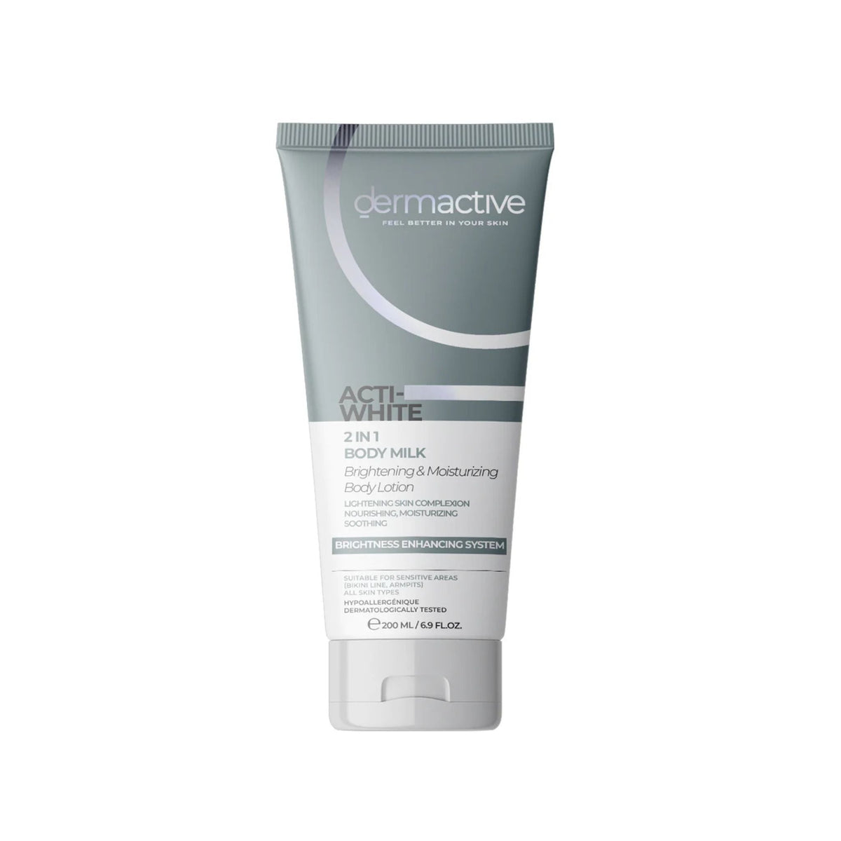 Refect Beauty Dermactive Acti-White 2-in-1 body milk in a grey squeeze tube for brightening and moisturizing skin.