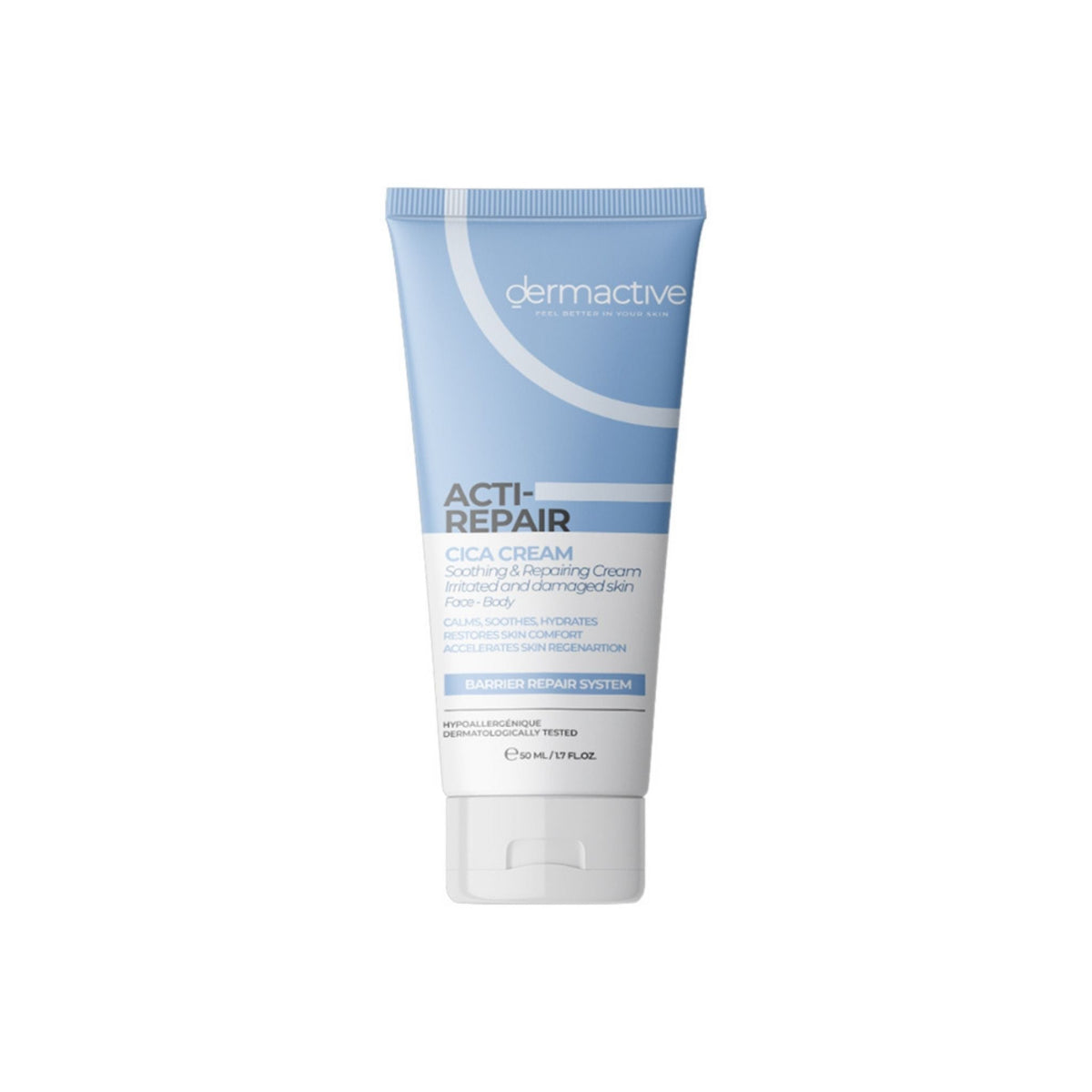Refect Beauty Dermactive Acti-Repair Cica Cream in a blue and white 50ml tube for soothing irritated skin.