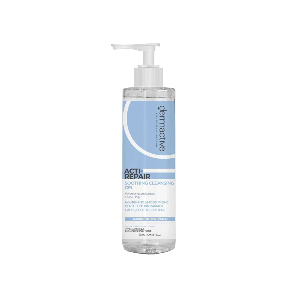 Refect Beauty Dermactive Acti-Repair soothing cleansing gel in a clear pump bottle for dry and sensitive skin.
