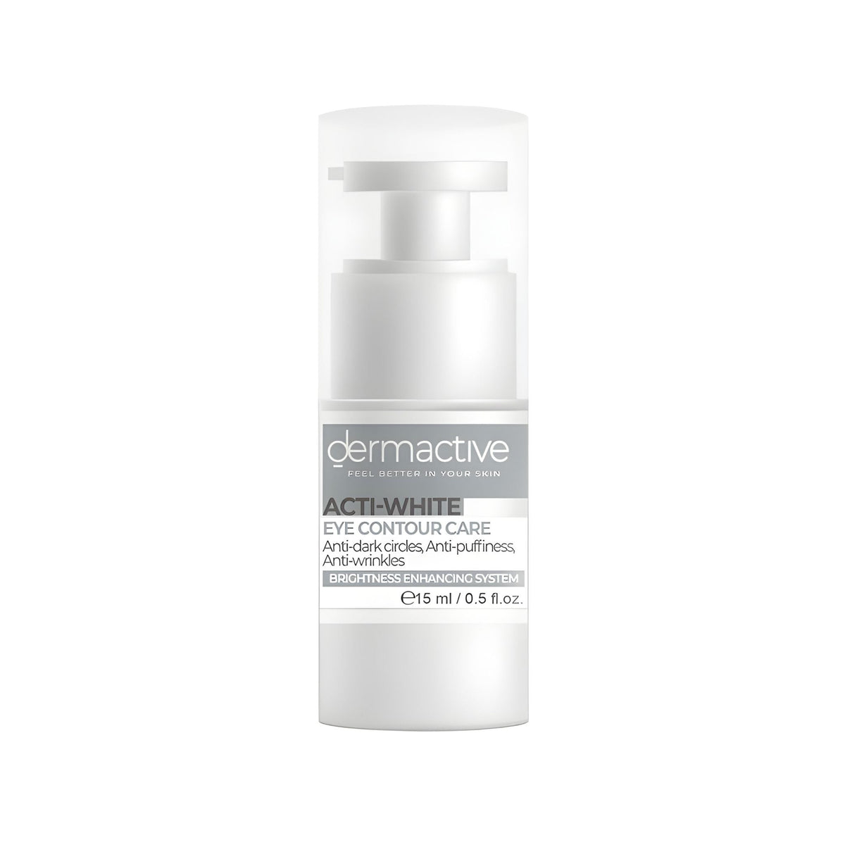 Refect Beauty Dermactive Acti-White eye contour gel pump bottle for brightening dull skin and reducing puffiness.