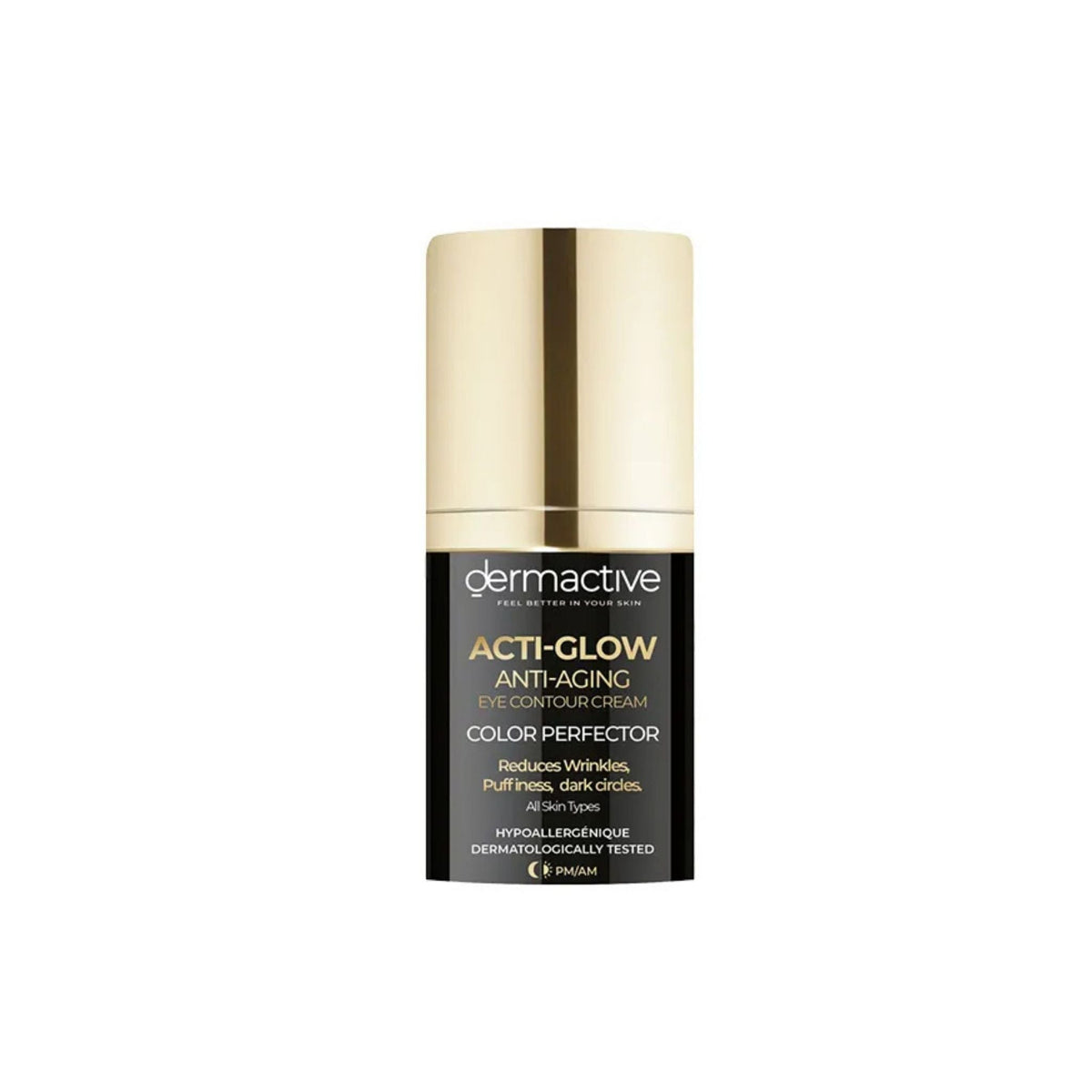 Refect Beauty Dermactive Acti-Glow anti-aging eye contour cream in a black and gold pump bottle for all skin types.