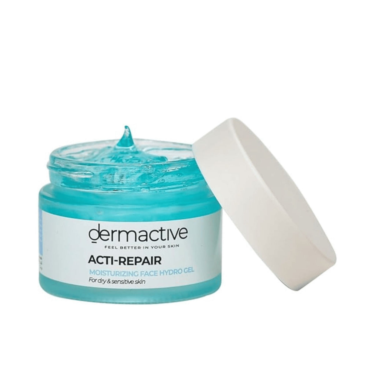 Refect Beauty Dermactive Acti-Repair Hydro Gel in a blue glass jar with a white lid for dry and sensitive skin