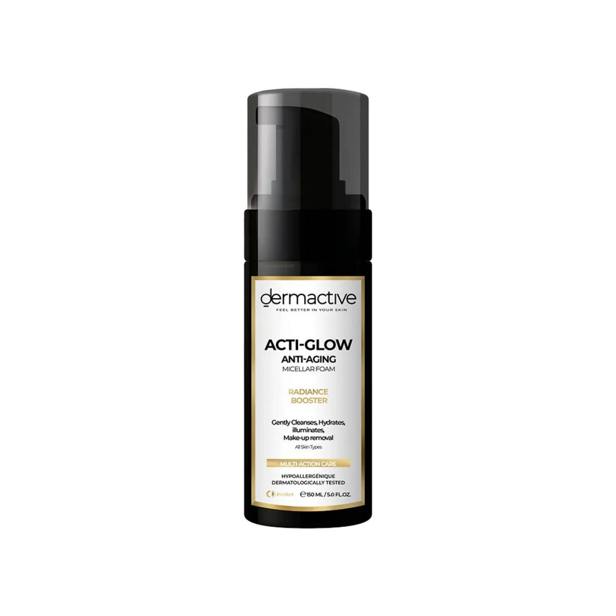 Refect Beauty Dermactive Acti-Glow micellar foam cleanser and makeup remover in a black pump bottle.