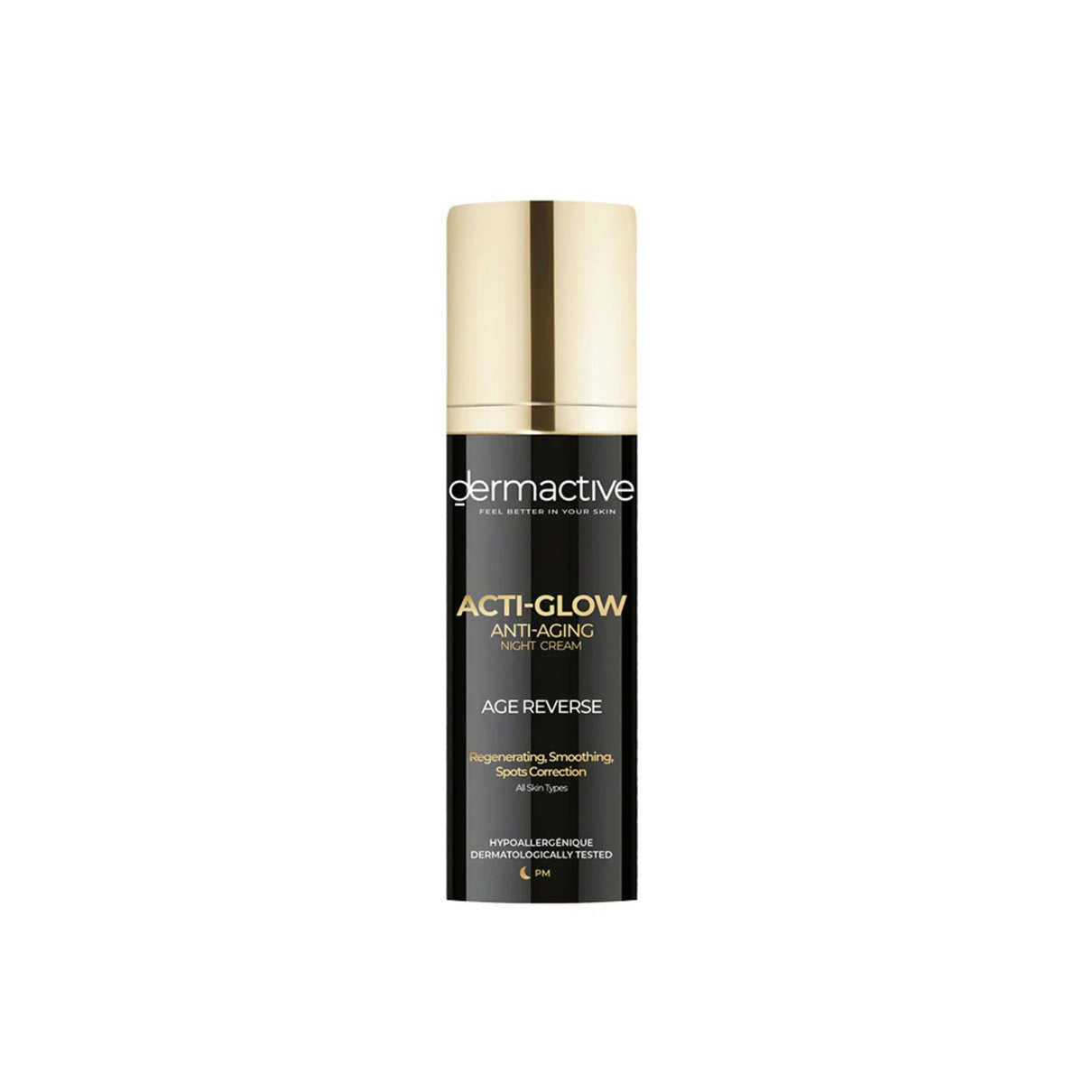 Refect Beauty Dermactive Acti-Glow anti-aging night cream in a black pump bottle with a gold cap.