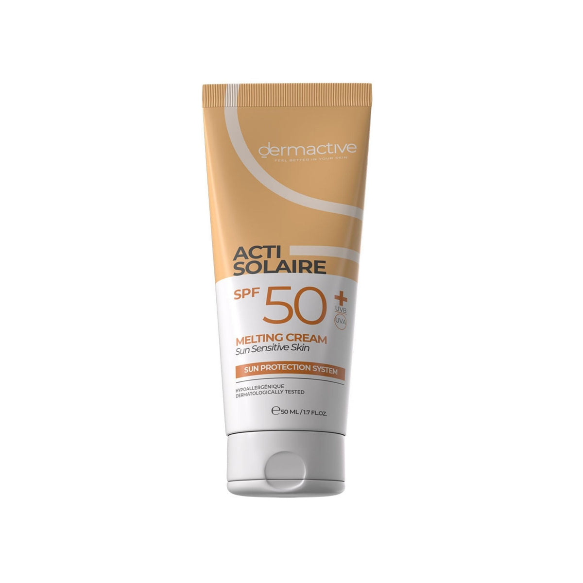 Refect Beauty Dermactive Acti-Solaire SPF 50+ melting sunscreen cream in a 50ml beige squeeze tube for daily protection.