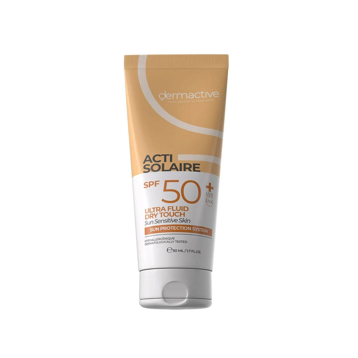 Refect Beauty Dermactive Acti-Solaire SPF 50+ ultra fluid facial sunscreen in a 50ml beige squeeze tube.