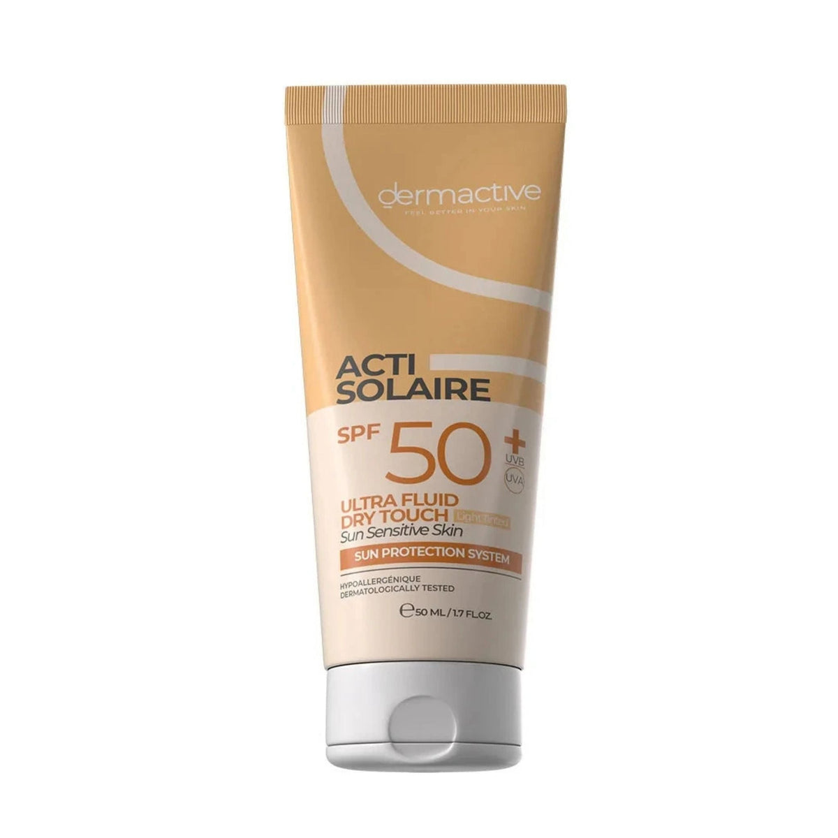 Refect Beauty Dermactive Acti-Solaire SPF 50+ ultra fluid light tinted sunscreen in a 50ml squeeze tube