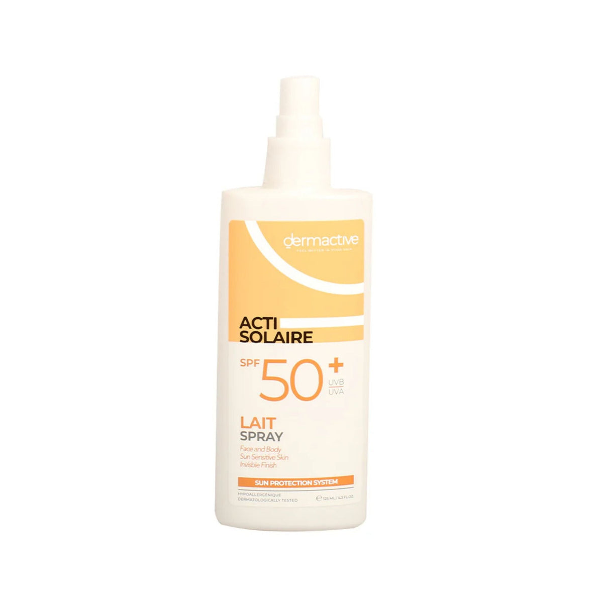 Refect Beauty Dermactive Acti-Solaire SPF 50+ sunscreen spray bottle for face and body on a white background