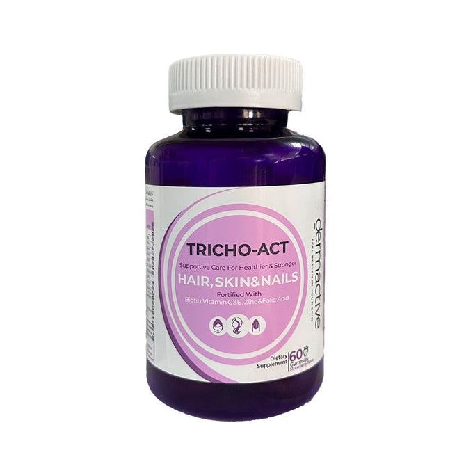 Refect Beauty Dermactive Tricho-Act hair, skin, and nails supplement gummies in a purple bottle with white cap.