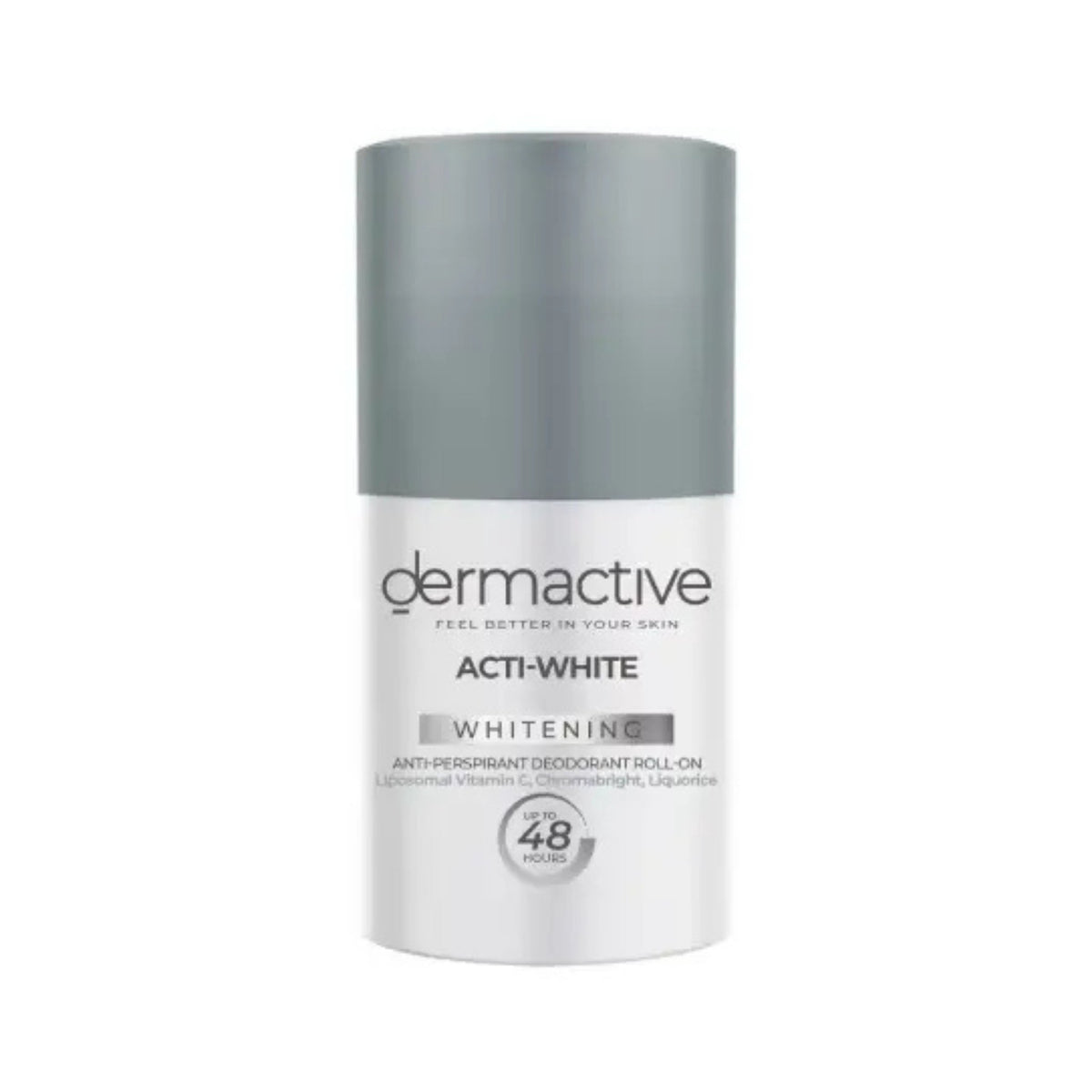 Refect Beauty Dermactive Acti-White whitening roll-on deodorant in a white bottle with a grey cap