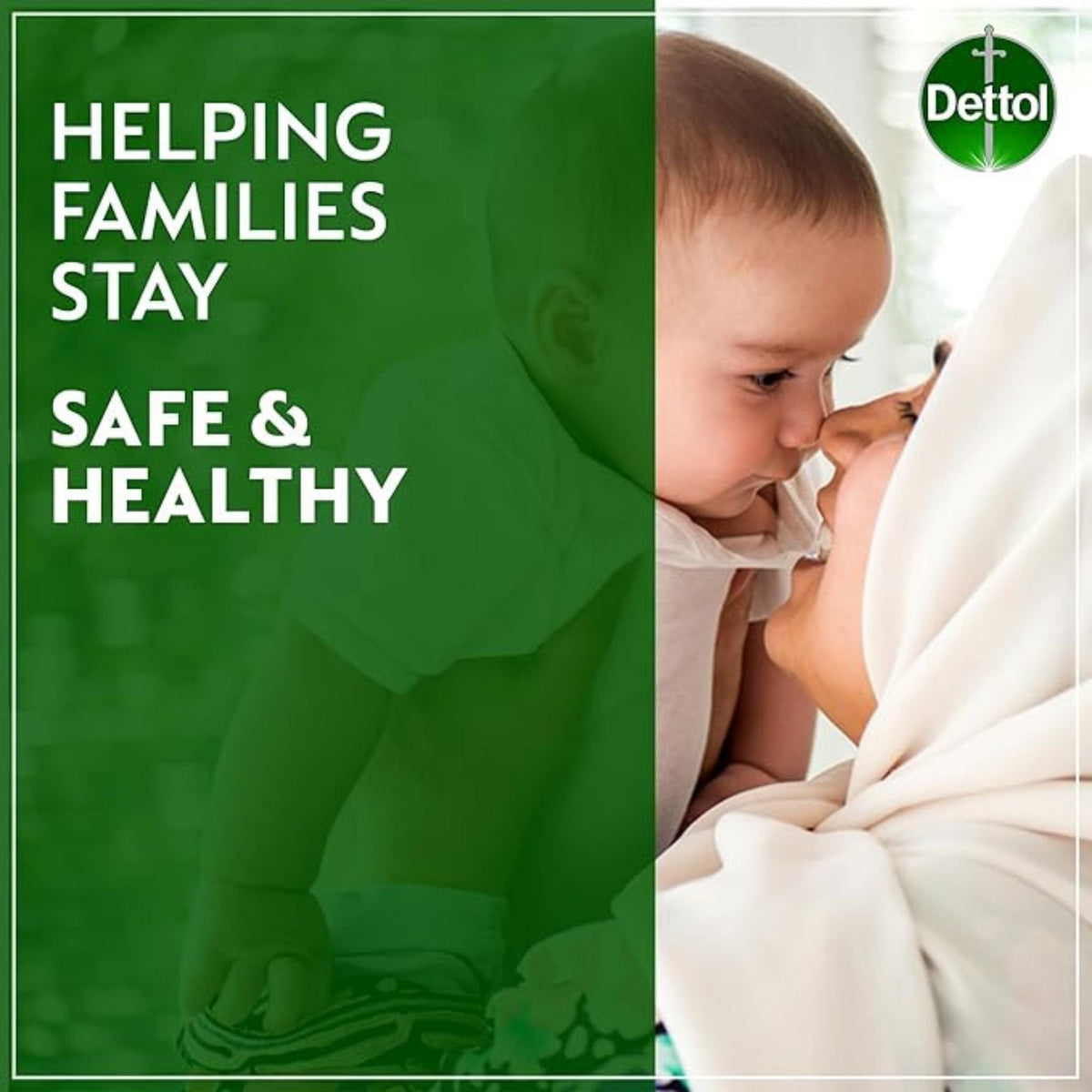 Refect Beauty Dettol anti-bacterial wipes promotional graphic featuring a mother and baby with text about family health