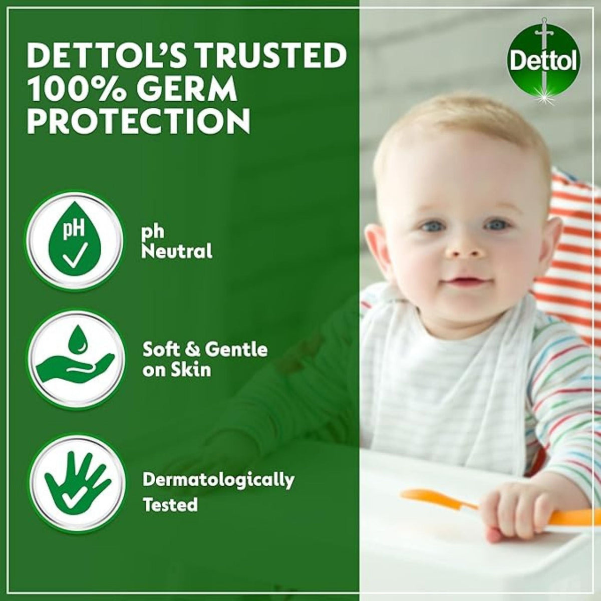 Refect Beauty Dettol anti-bacterial wipes featuring a baby, highlighting pH neutral, gentle, and tested benefits.