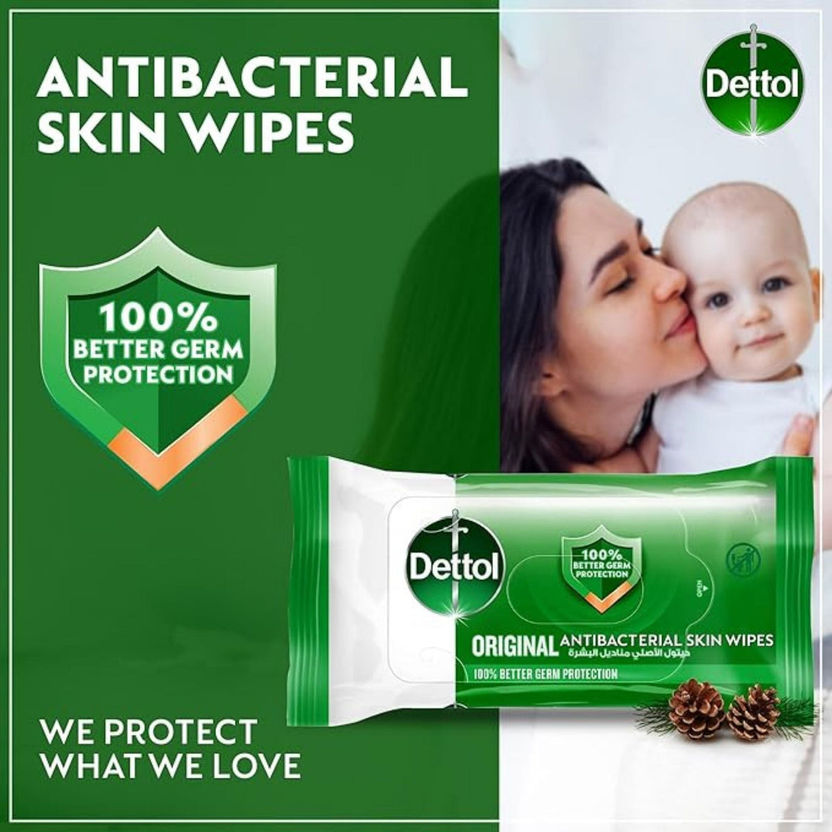 Refect Beauty Dettol Anti-Bacterial Original wipes pack with a mother and baby in the background.