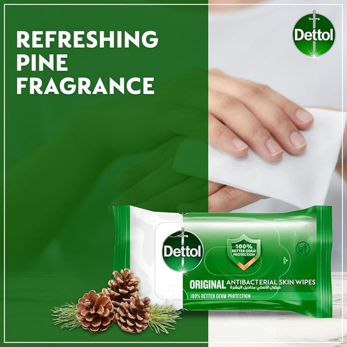 Refect Beauty Dettol Original anti-bacterial wipes pack with pine cones and a hand being cleaned
