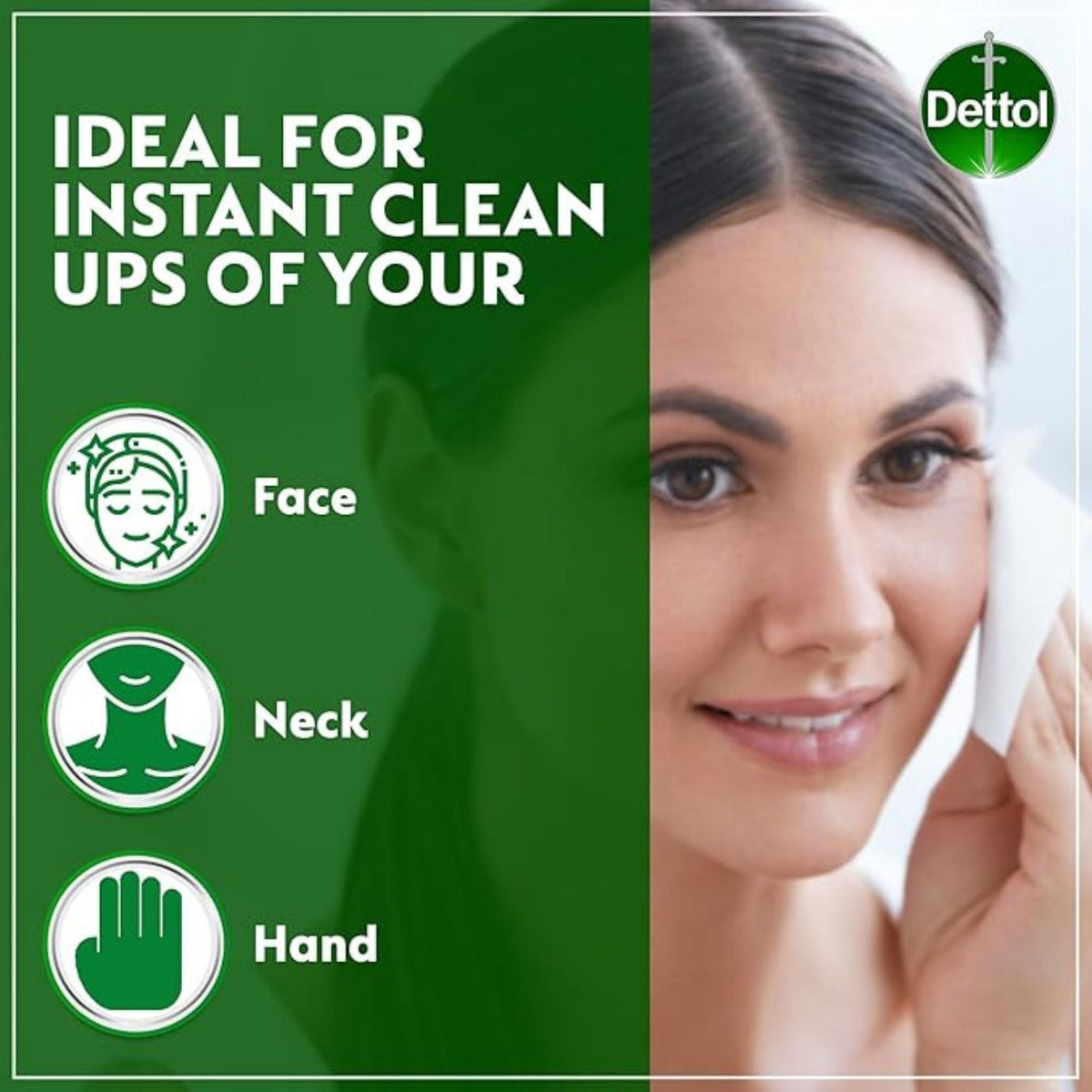 Refect Beauty Dettol anti-bacterial wipes being used by a woman to clean her face, neck, and hands for hygiene.