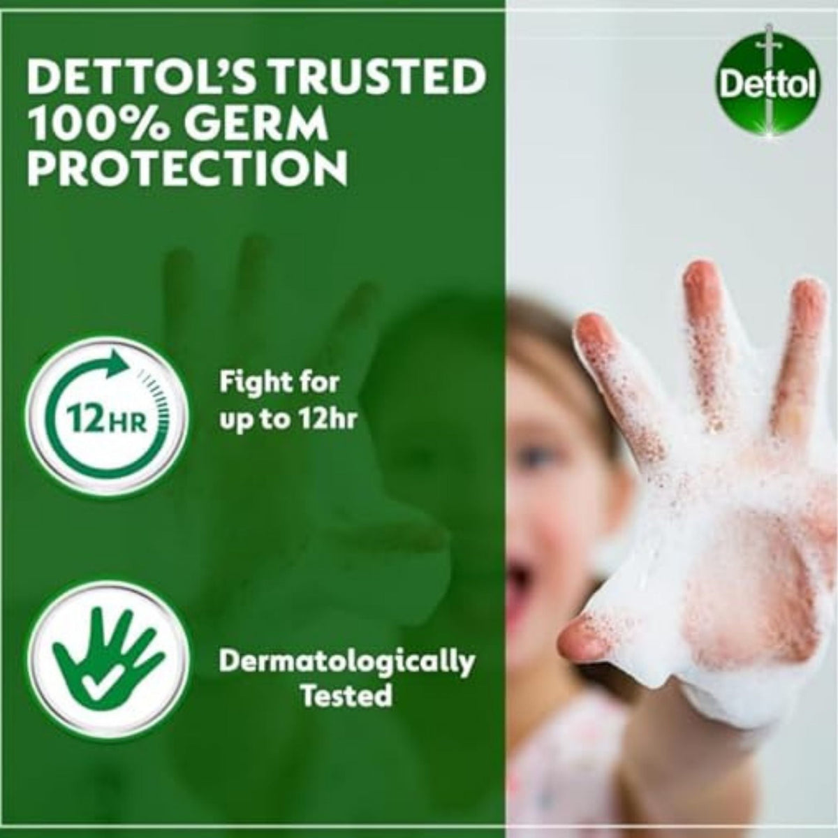 Refect Beauty Dettol handwash foam on a child's hand showing germ protection and dermatologically tested benefits