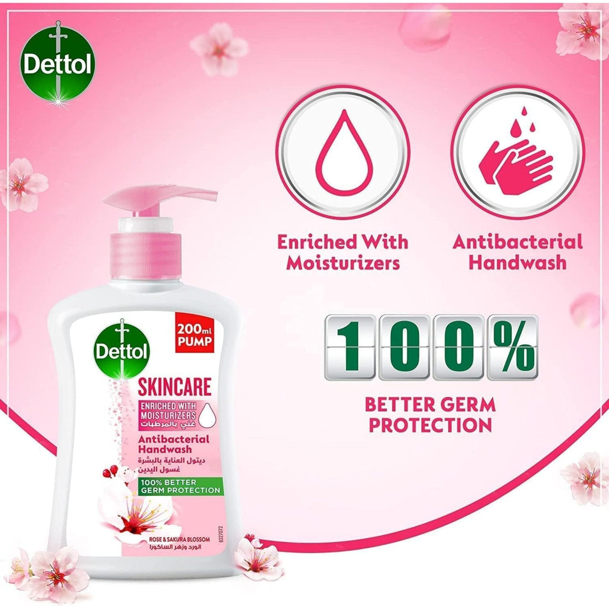 Refect Beauty Dettol Skincare Rose and Sakura Blossom liquid handwash pump bottle with floral accents