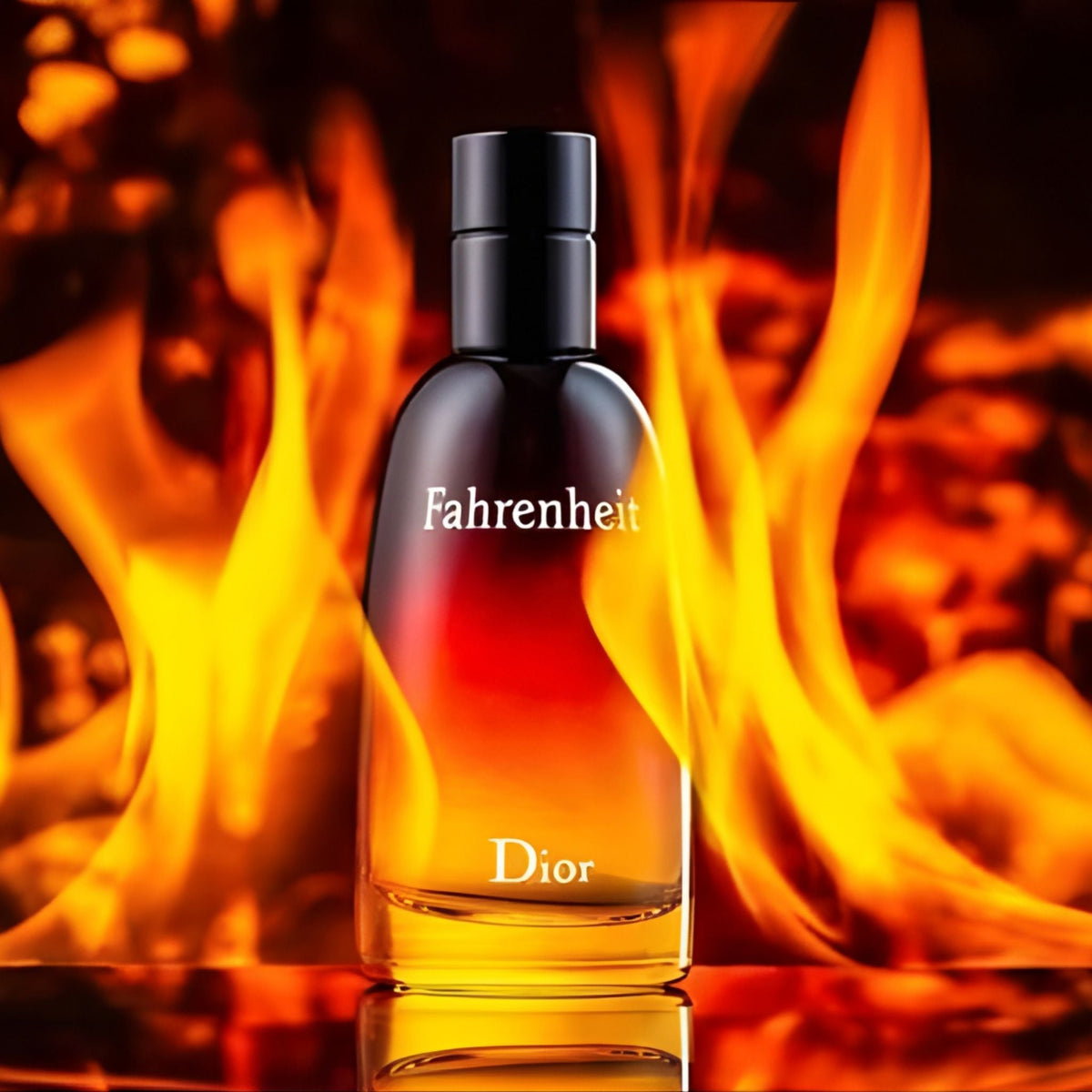 Refect Beauty Dior Fahrenheit Parfum bottle featuring a signature red and orange gradient glass design amidst flames.