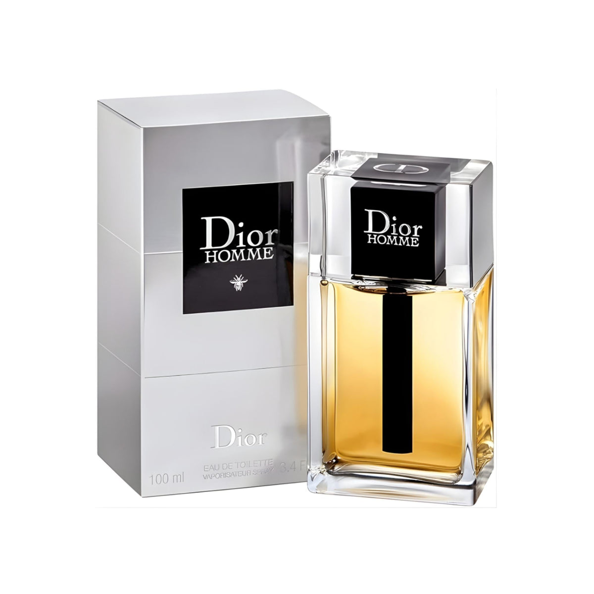 Refect Beauty Dior Homme Eau de Toilette 100ml glass bottle with silver cap next to its matching metallic silver box