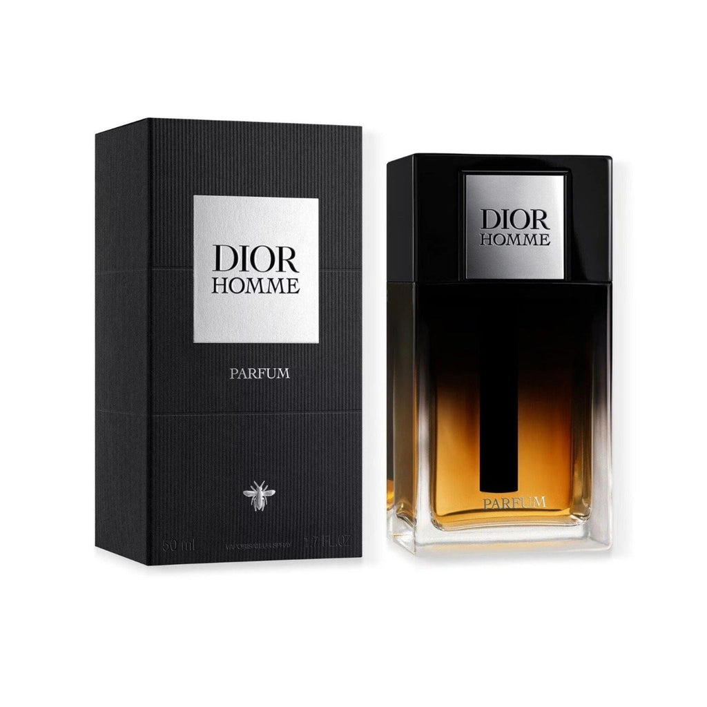 Refect Beauty Dior Homme Parfum bottle and black textured box featuring a woody iris and leather fragrance scent