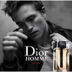 Refect Beauty Dior Homme Sport fragrance bottle next to a black and white portrait of a man in a leather jacket