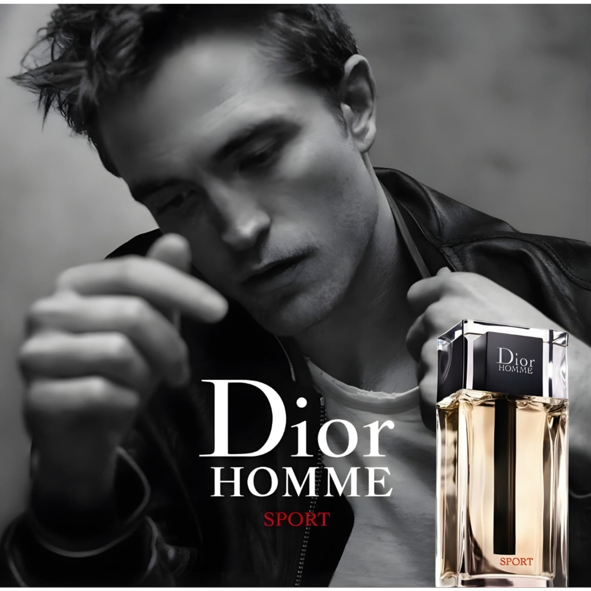 Refect Beauty Dior Homme Sport fragrance bottle next to a black and white portrait of a man in a leather jacket