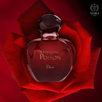 Refect Beauty Dior Hypnotic Poison Eau de Toilette in a deep red glass bottle resting on a dark red rose petal