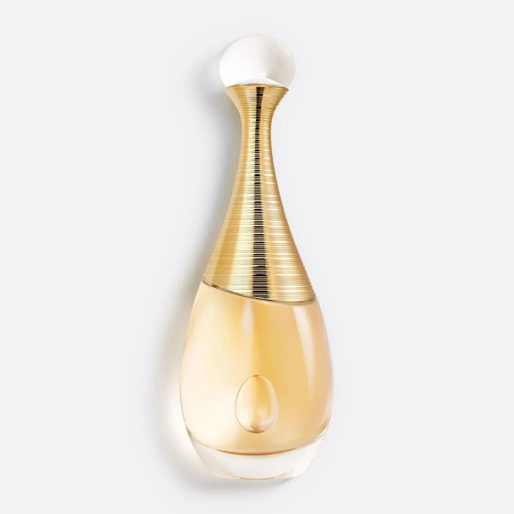 Refect Beauty Dior J'adore Eau de Parfum in a signature gold-accented glass bottle with a rounded white stopper.