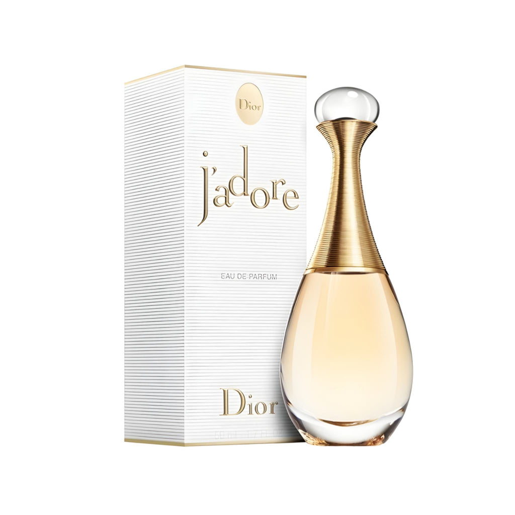 Refect Beauty Dior J'adore Eau de Parfum in its iconic gold-accented glass bottle next to the white textured box.