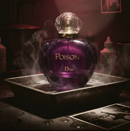 Refect Beauty Dior Poison Eau de Toilette in a dark, moody setting with swirling smoke and a mysterious atmosphere.
