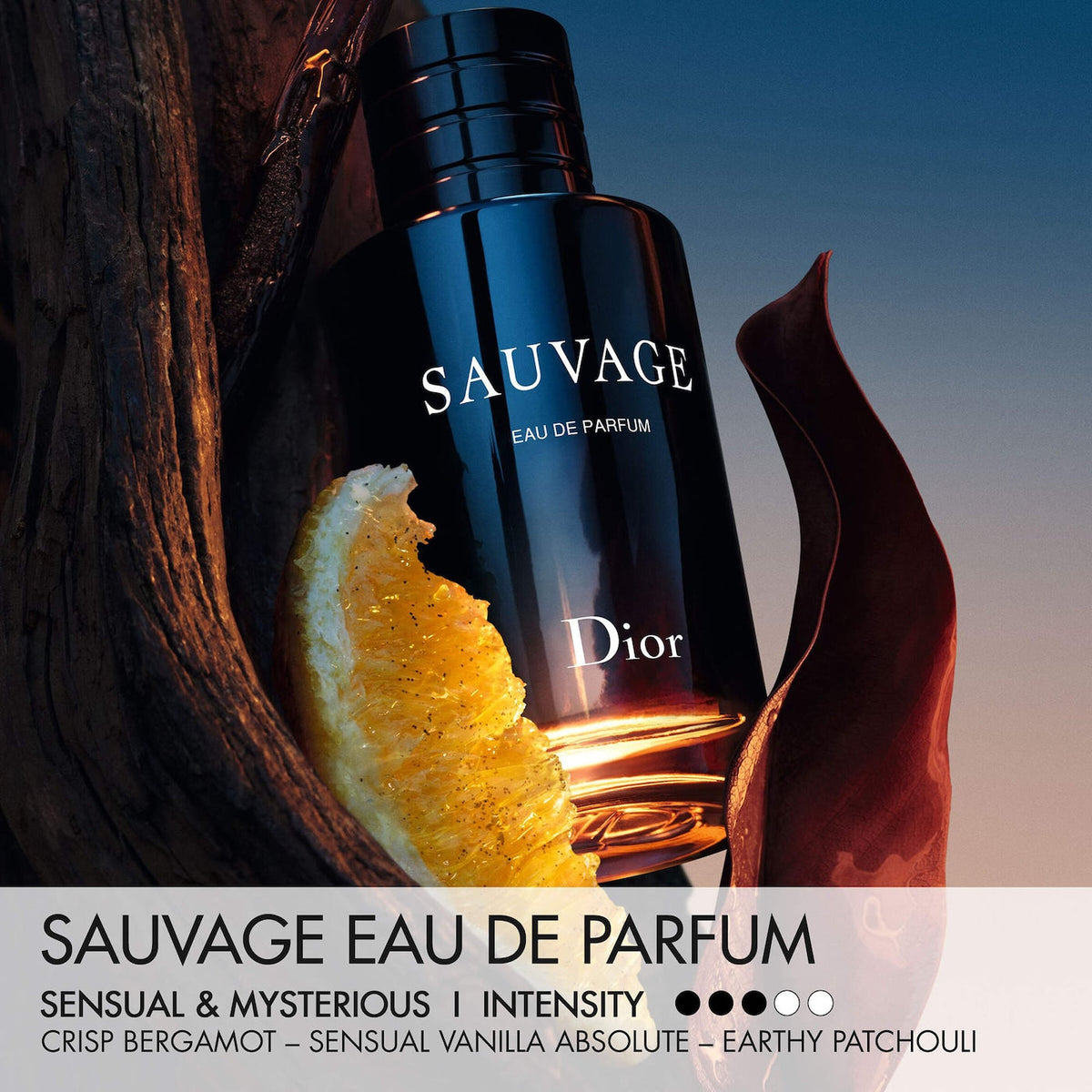Refect Beauty Dior Sauvage Eau de Parfum bottle with bergamot slice and driftwood against a twilight background