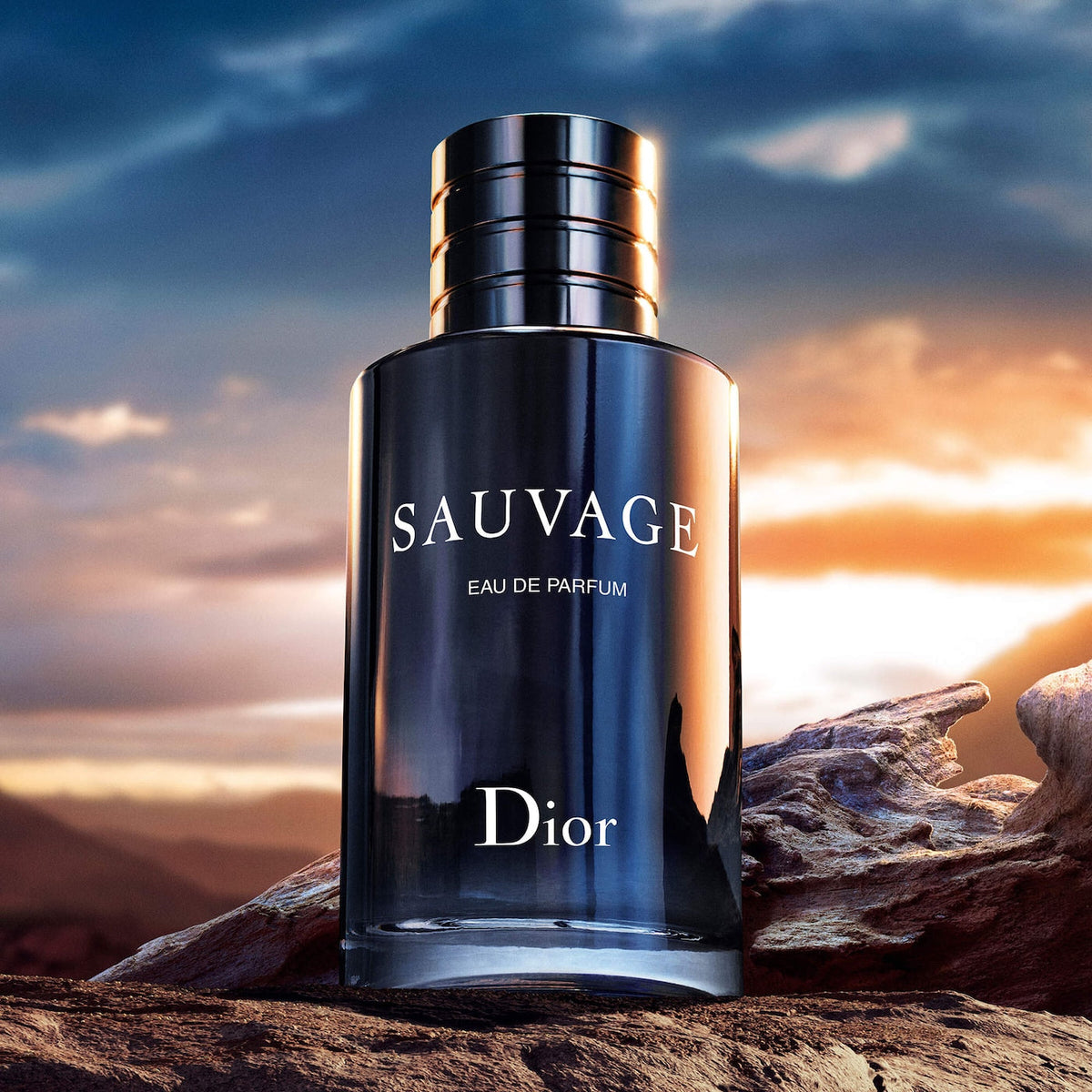 Refect Beauty Dior Sauvage Eau de Parfum bottle set against a dramatic desert sunset landscape.