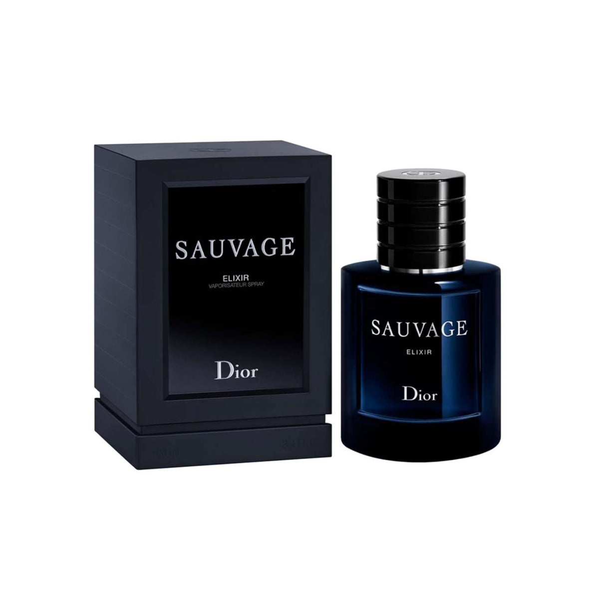 Refect Beauty Dior Sauvage Elixir parfum bottle and its dark blue box, a concentrated masculine fragrance.