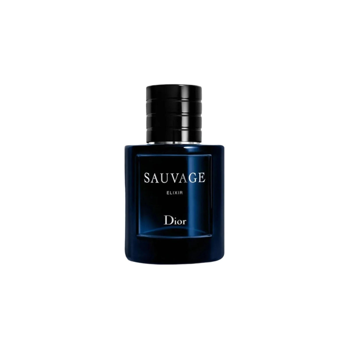 Refect Beauty Dior Sauvage Elixir perfume bottle in deep blue glass with a black cap and silver lettering