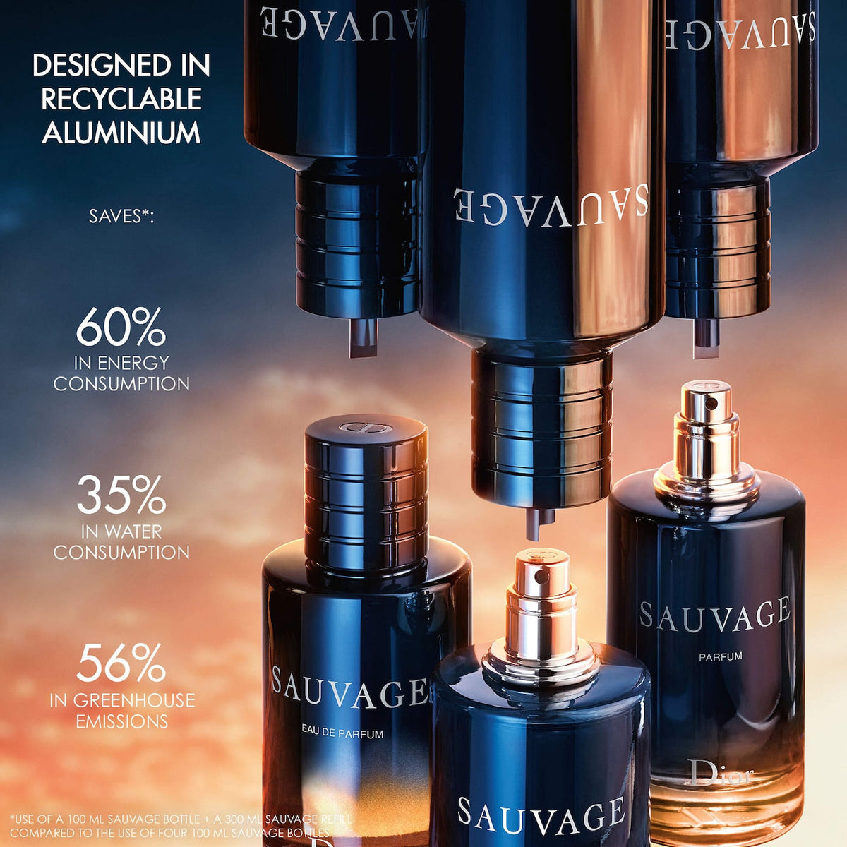Refect Beauty Dior Sauvage fragrance bottles showcasing sustainable refillable design against a sunset background
