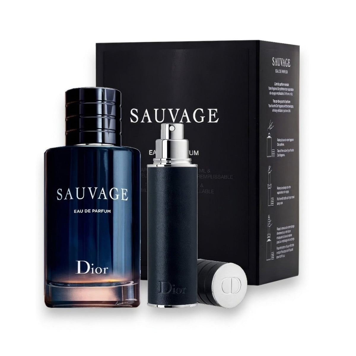 Refect Beauty Dior Sauvage Eau de Parfum gift set featuring a 100ml bottle and a 10ml refillable travel spray.