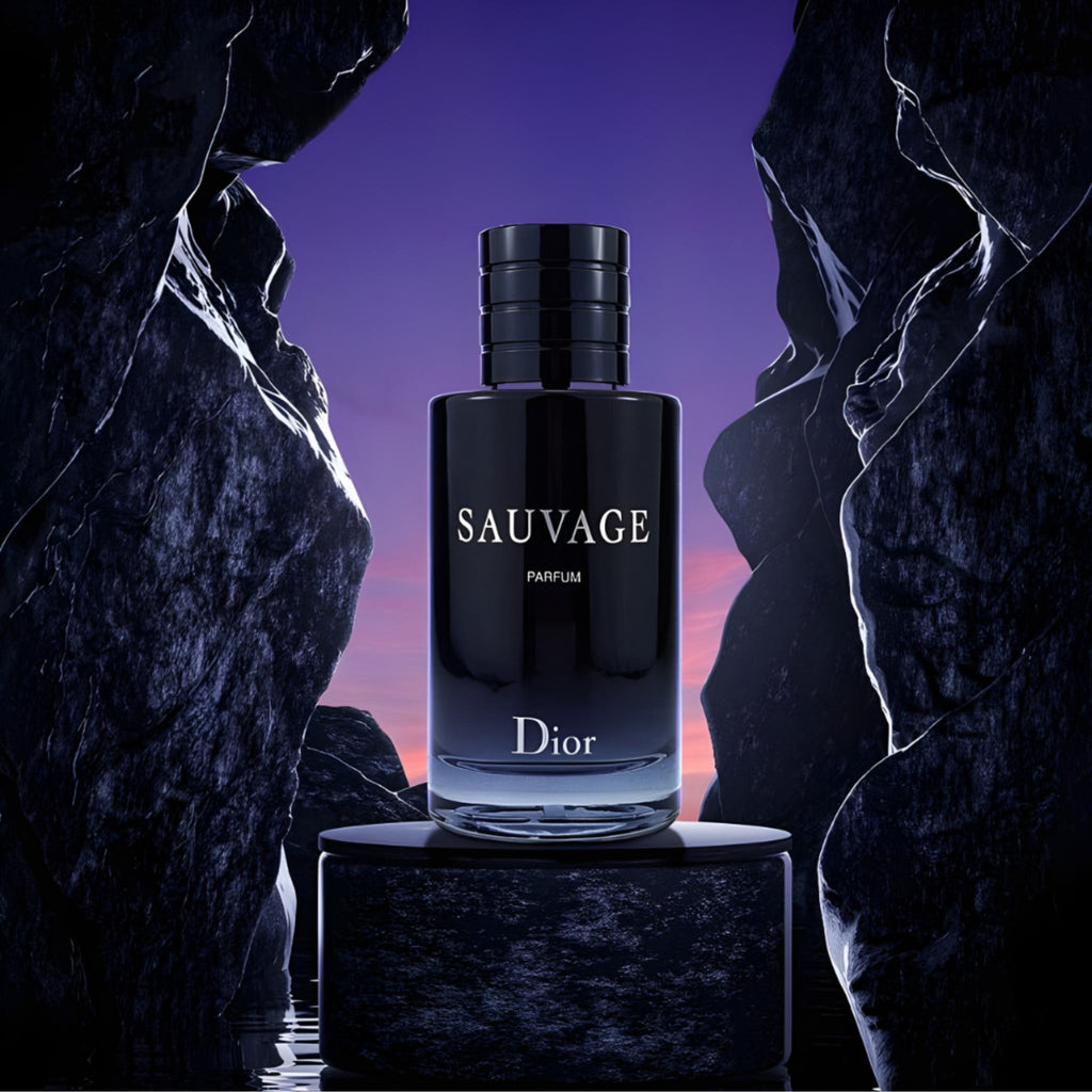 Refect Beauty Dior Sauvage Parfum bottle displayed on a dark stone pedestal against a twilight sky and rock formations.