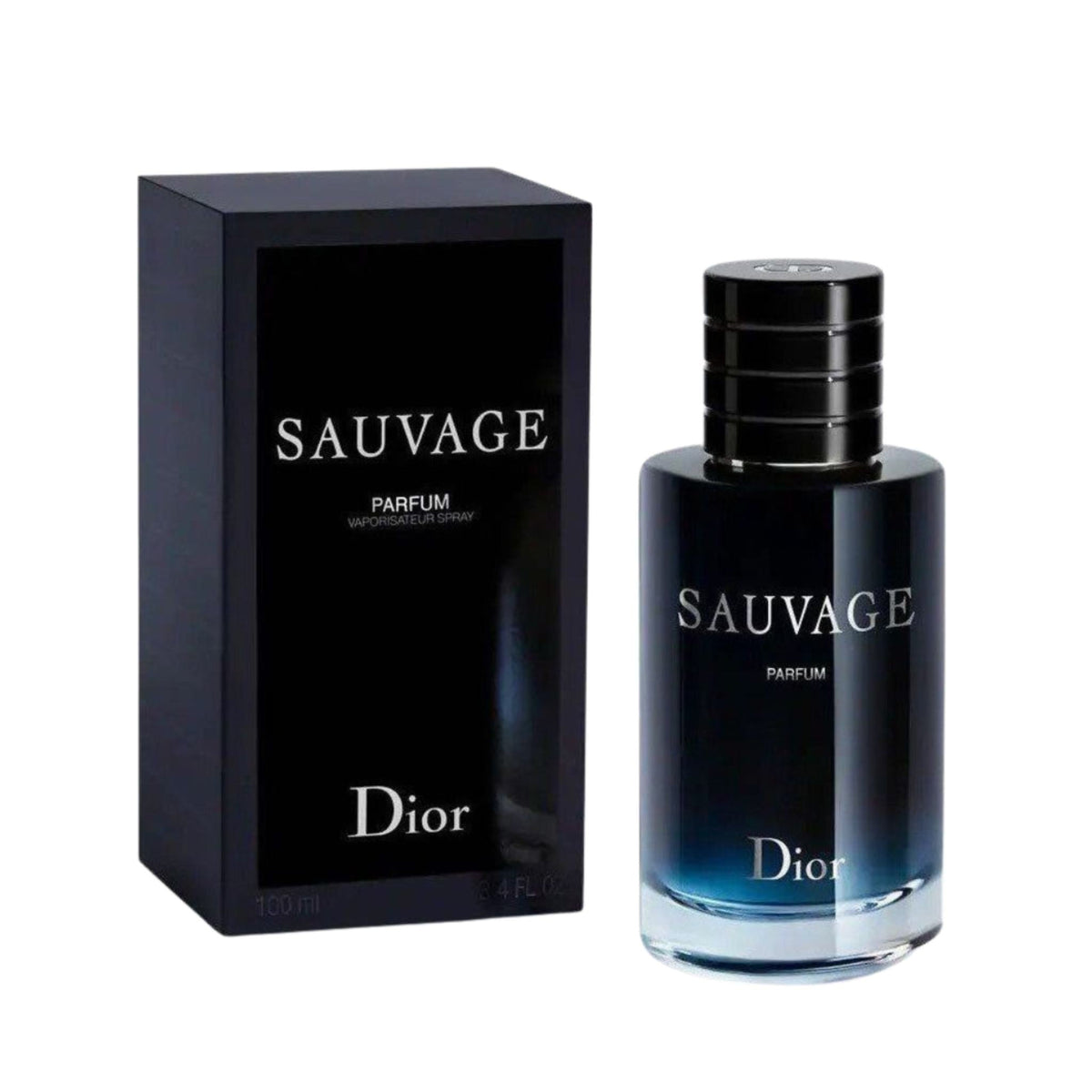 Refect Beauty Dior Sauvage Parfum bottle and black box packaging featuring a deep blue gradient glass design
