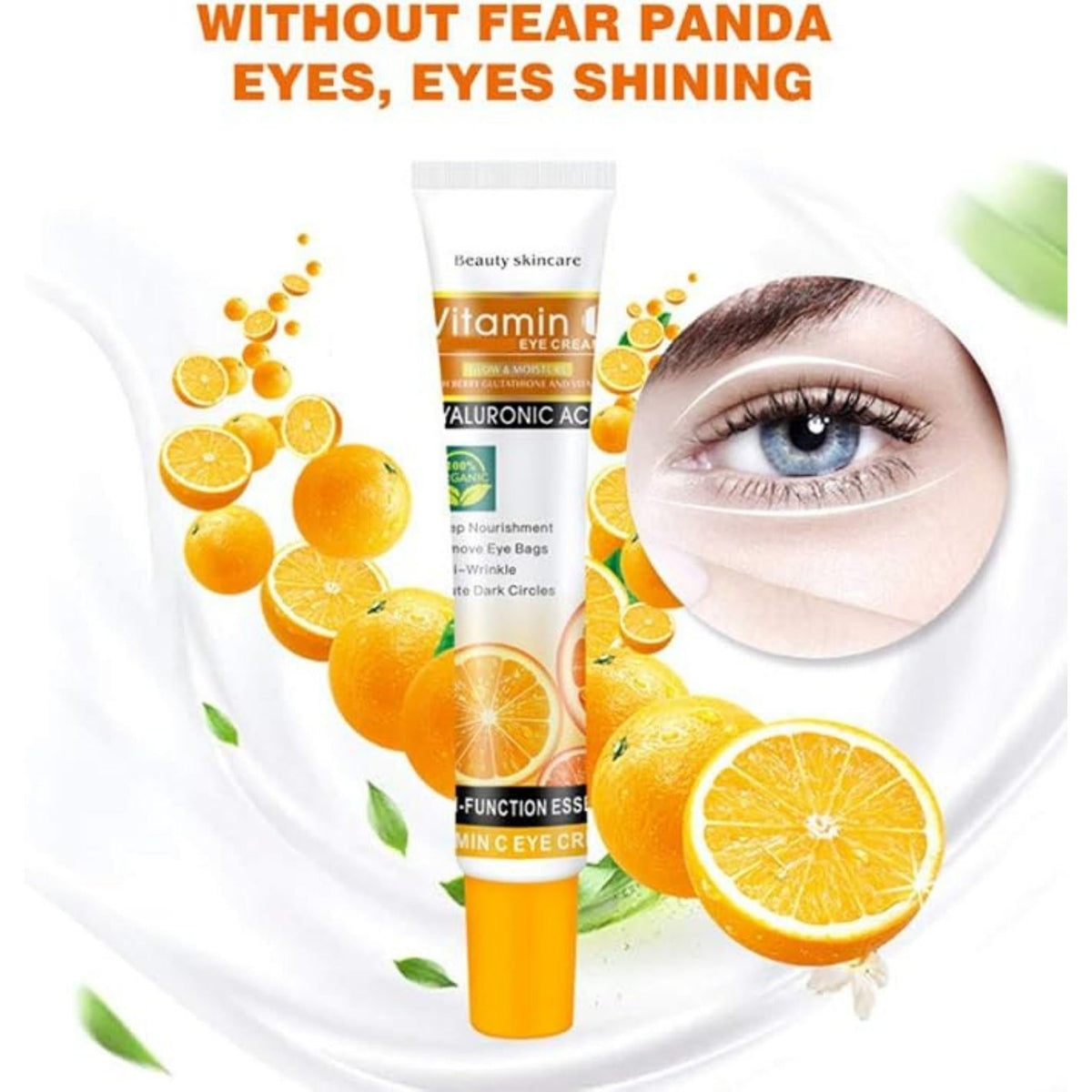 Refect Beauty Disaar Vitamin C and Hyaluronic Acid eye cream tube surrounded by fresh oranges and a close-up eye view