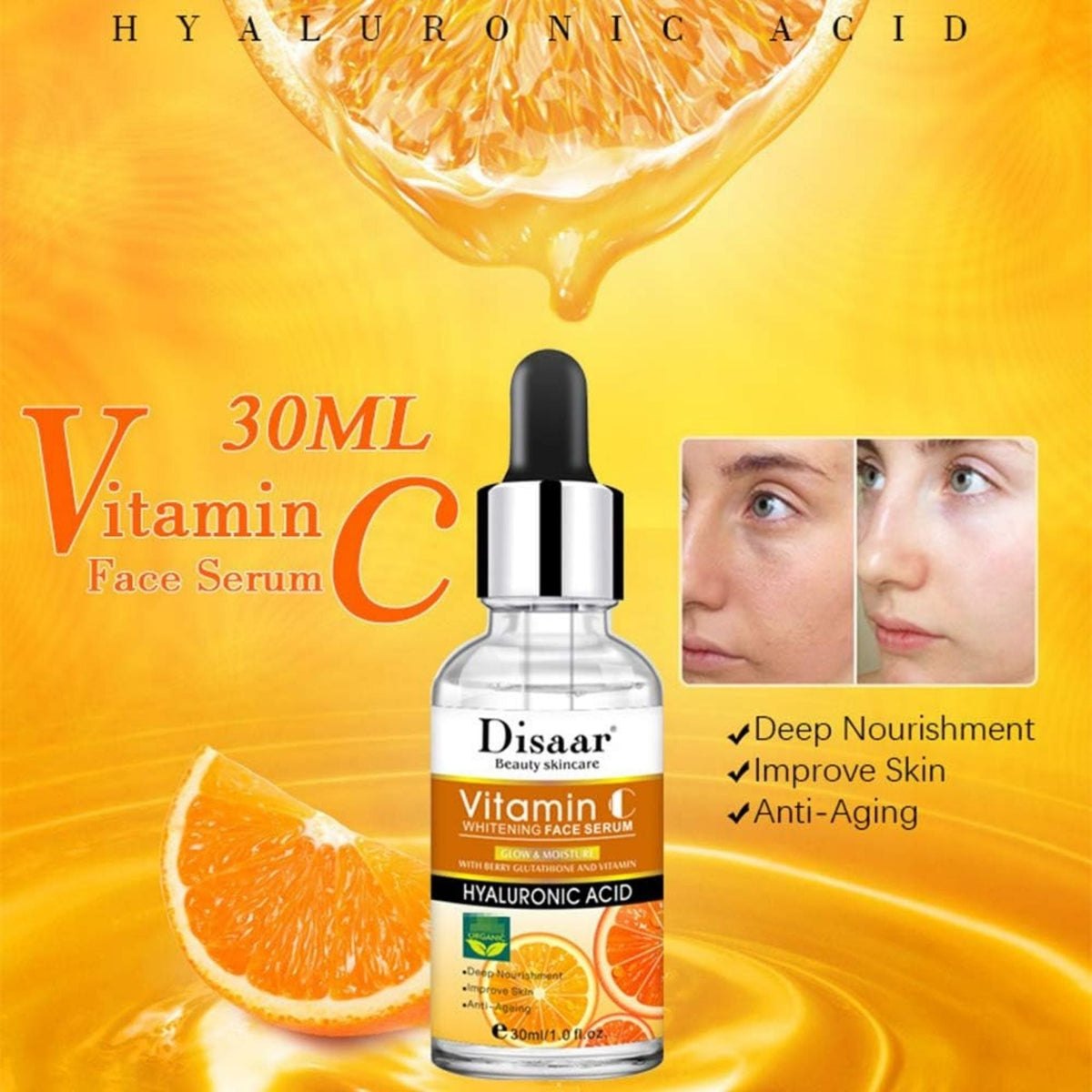 Refect Beauty Disaar Vitamin C face serum bottle with hyaluronic acid, featuring orange citrus imagery and skin results