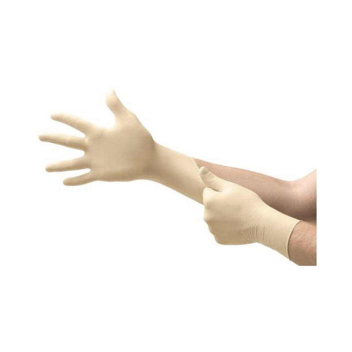 Refect Beauty Dual Care examination gloves in beige, worn on hands to show fit and tactile sensitivity.